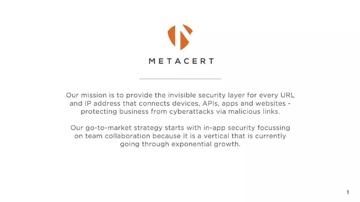 MetaCert pitch deck slide 2 of 31