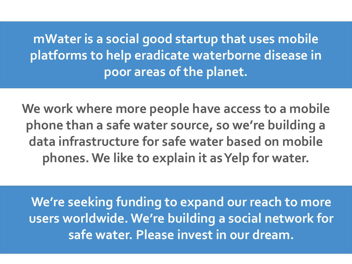 mWater pitch deck slide 2 of 9