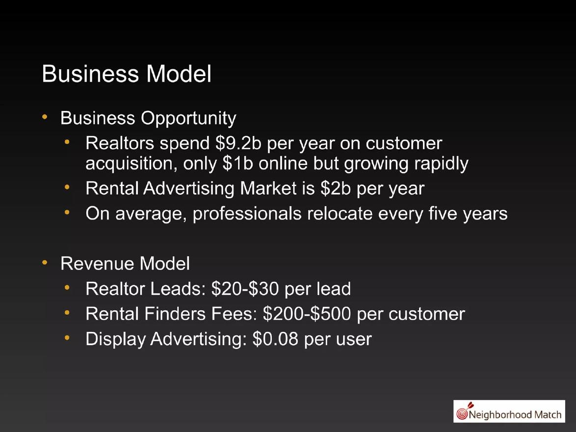 Neighborhood Match pitch deck Lead generation business model slide 8