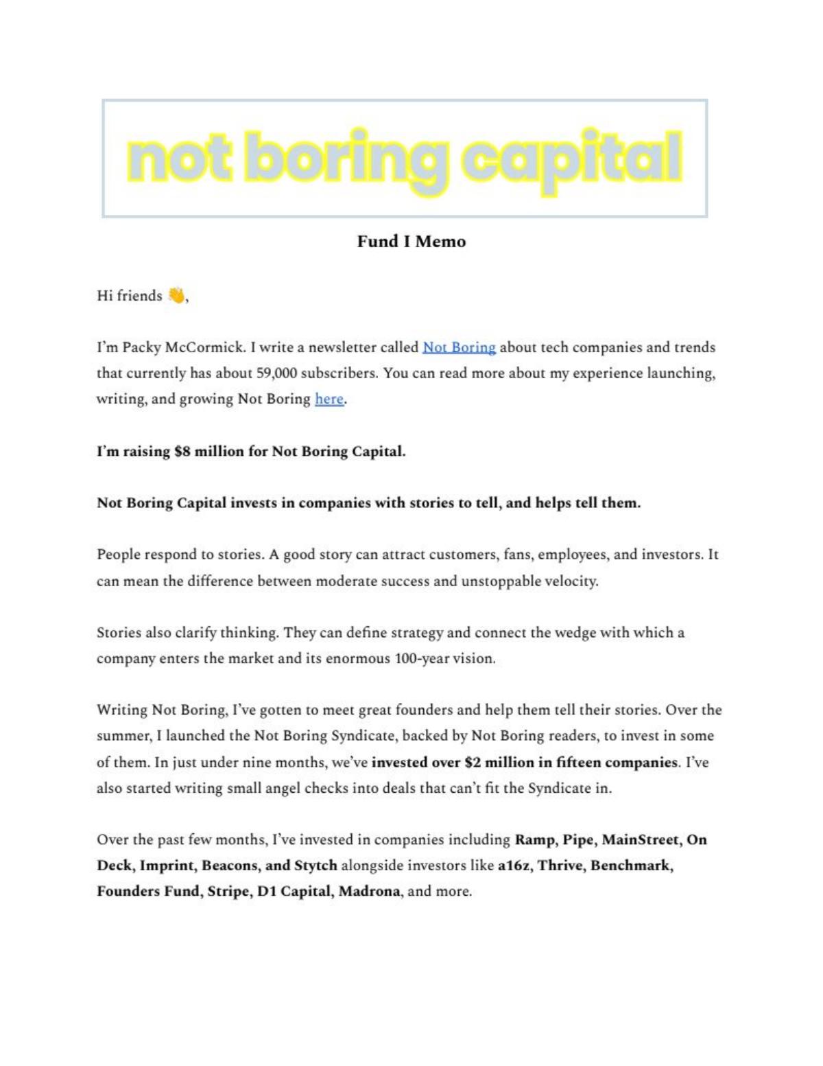 Not Boring Capital Fund I pitch deck slide 1 of 11