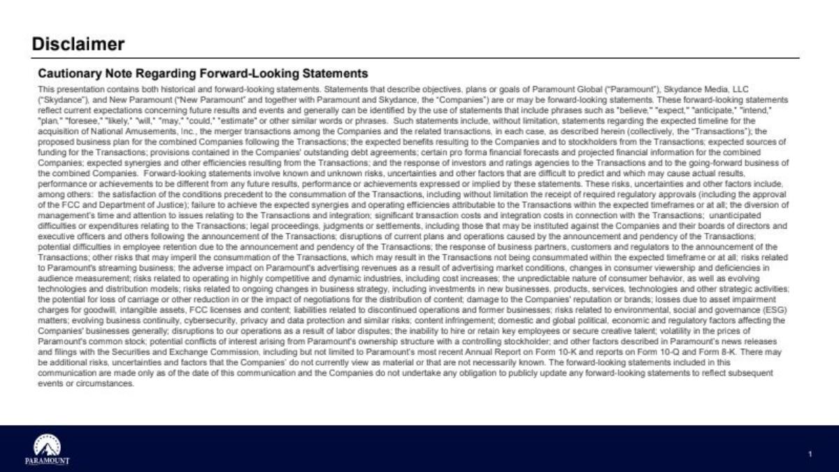Skydance × Paramount Acquisition pitch deck slide 2 of 33