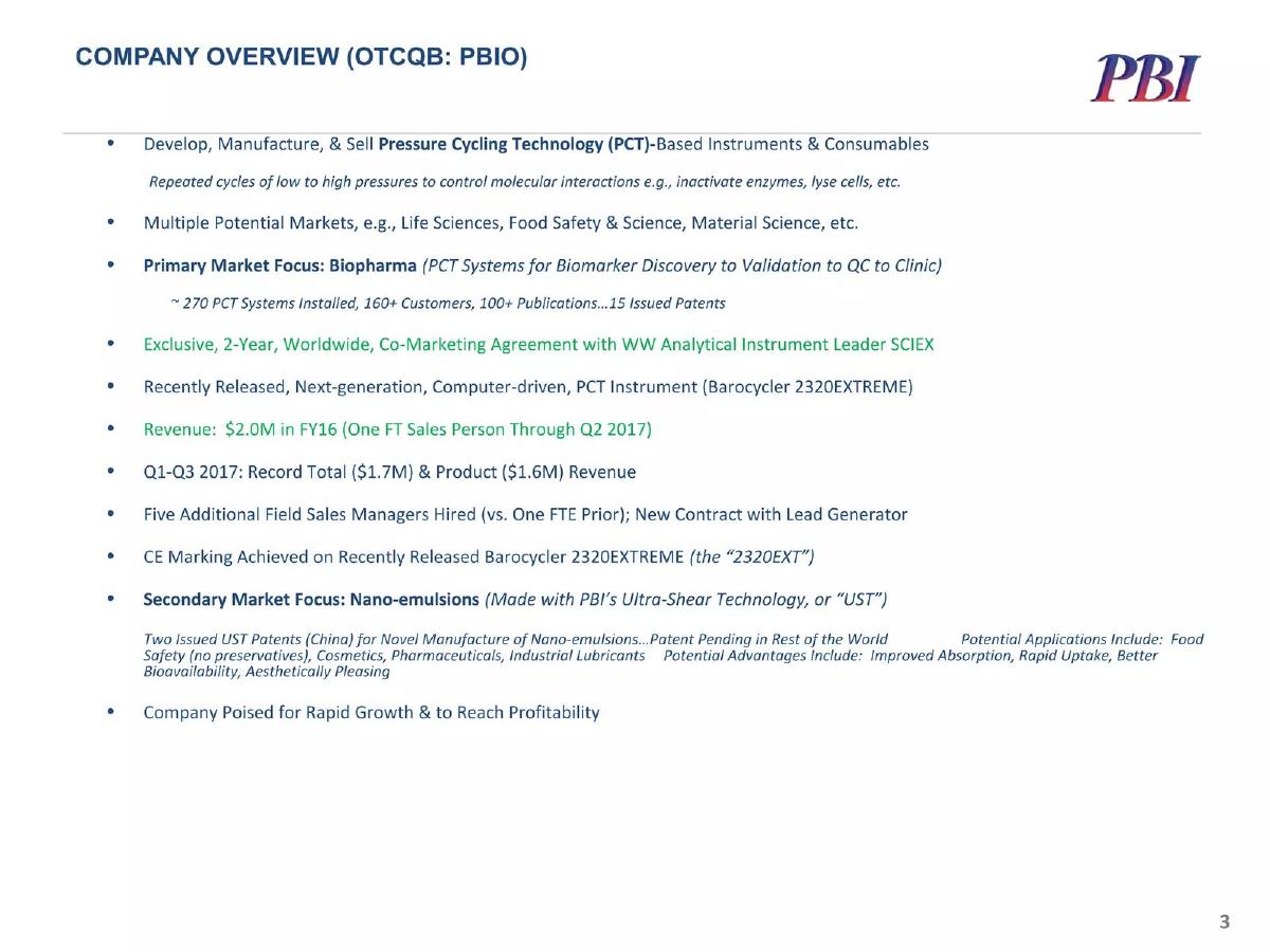 Pressure BioSciences, Inc. (PBIO) pitch deck slide 3 of 17