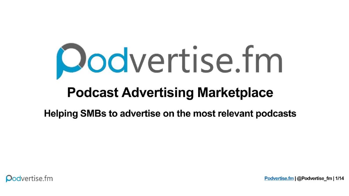 Podvertise.fm pitch deck slide 1 of 14