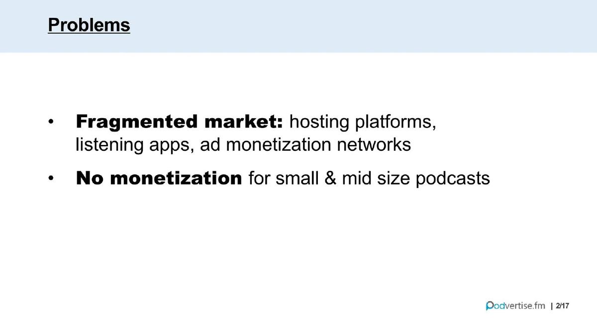 Podvertise.fm pitch deck slide 2 of 17