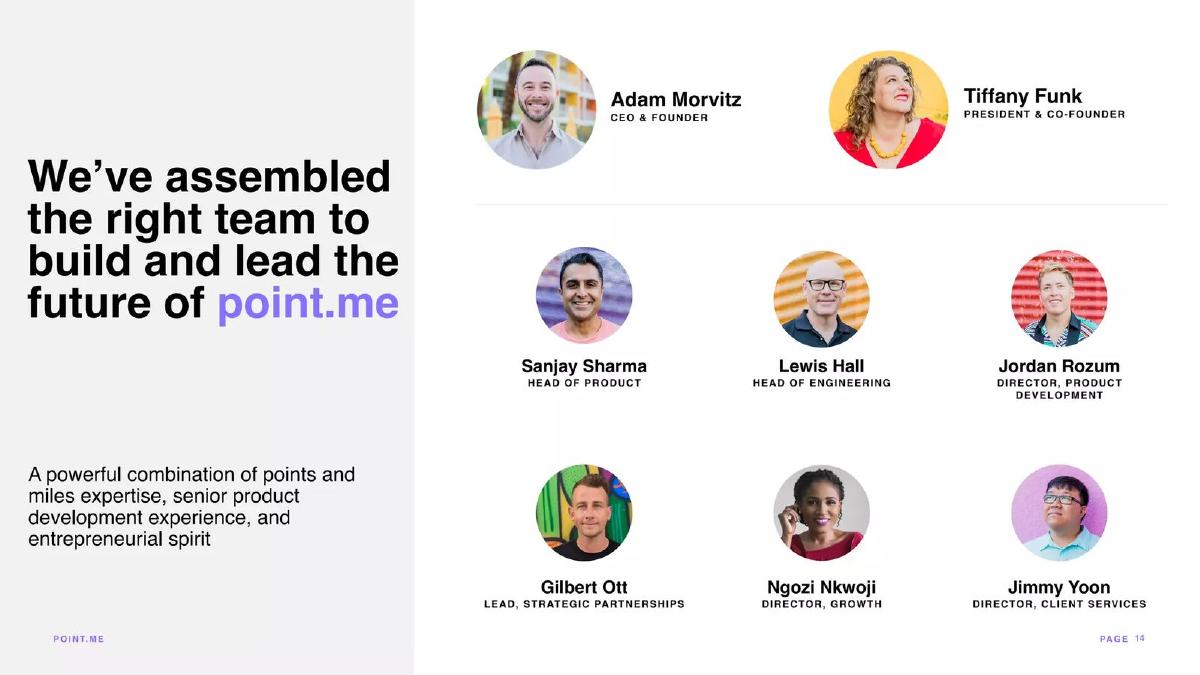 Point.me pitch deck team slide 14