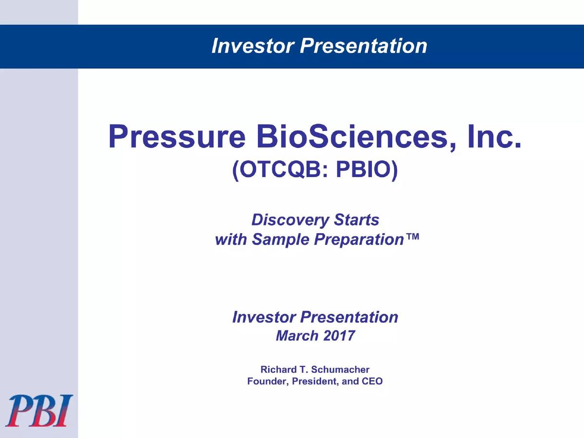 Pressure BioSciences, Inc. pitch deck slide 1 of 21