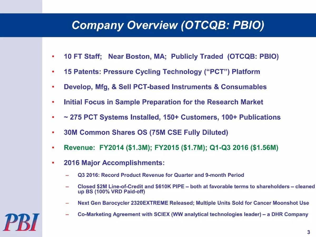 Pressure BioSciences, Inc. pitch deck slide 3 of 21