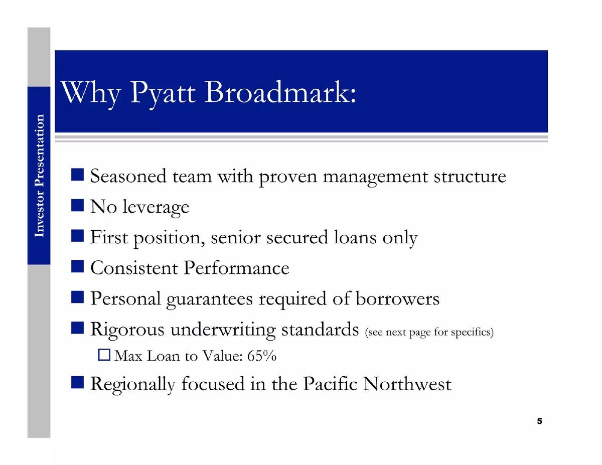 Pyatt Broadmark Fund I pitch deck slide 5 of 30
