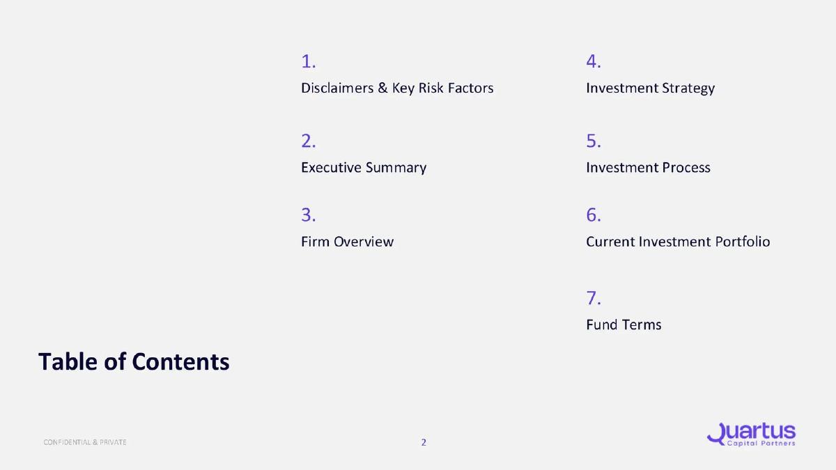 Quartus Capital Partners pitch deck slide 2 of 28