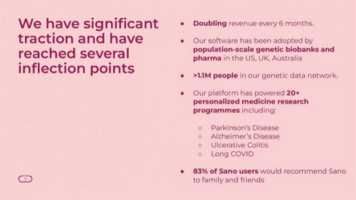 Sano Genetics pitch deck slide 5 of 13