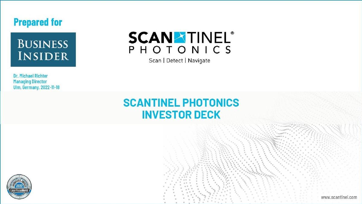 Scantinel Photonics pitch deck slide 1 of 10