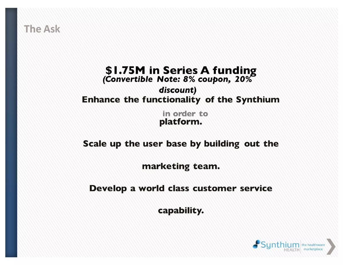 Synthium Health pitch deck ask slide 13