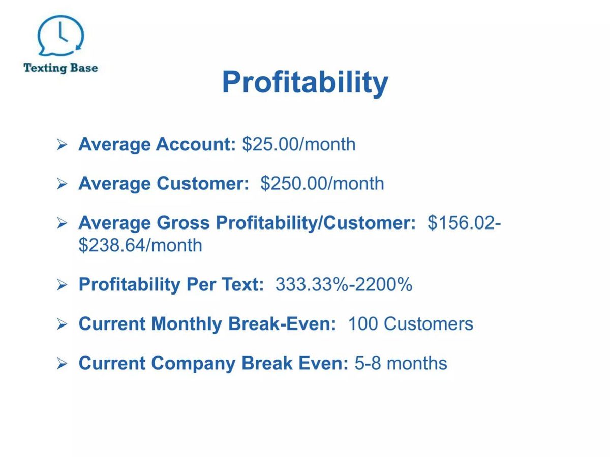 Texting Base pitch deck unit economics slide 17