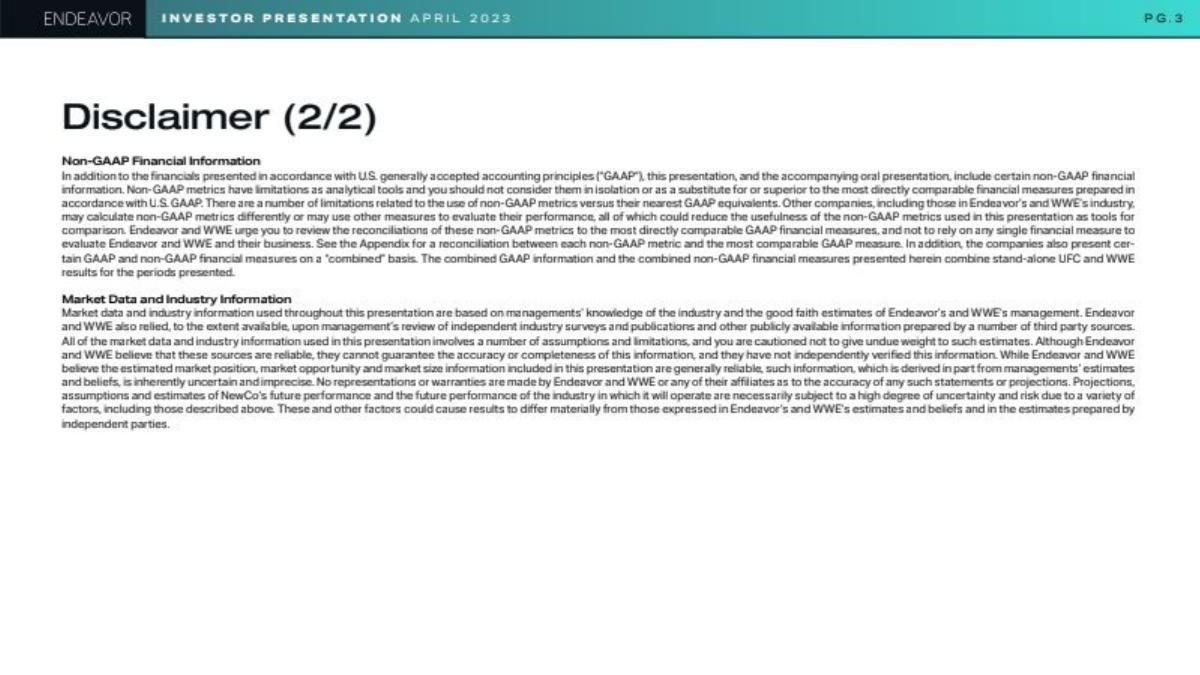 UFC × WWE Merger pitch deck slide 3 of 34