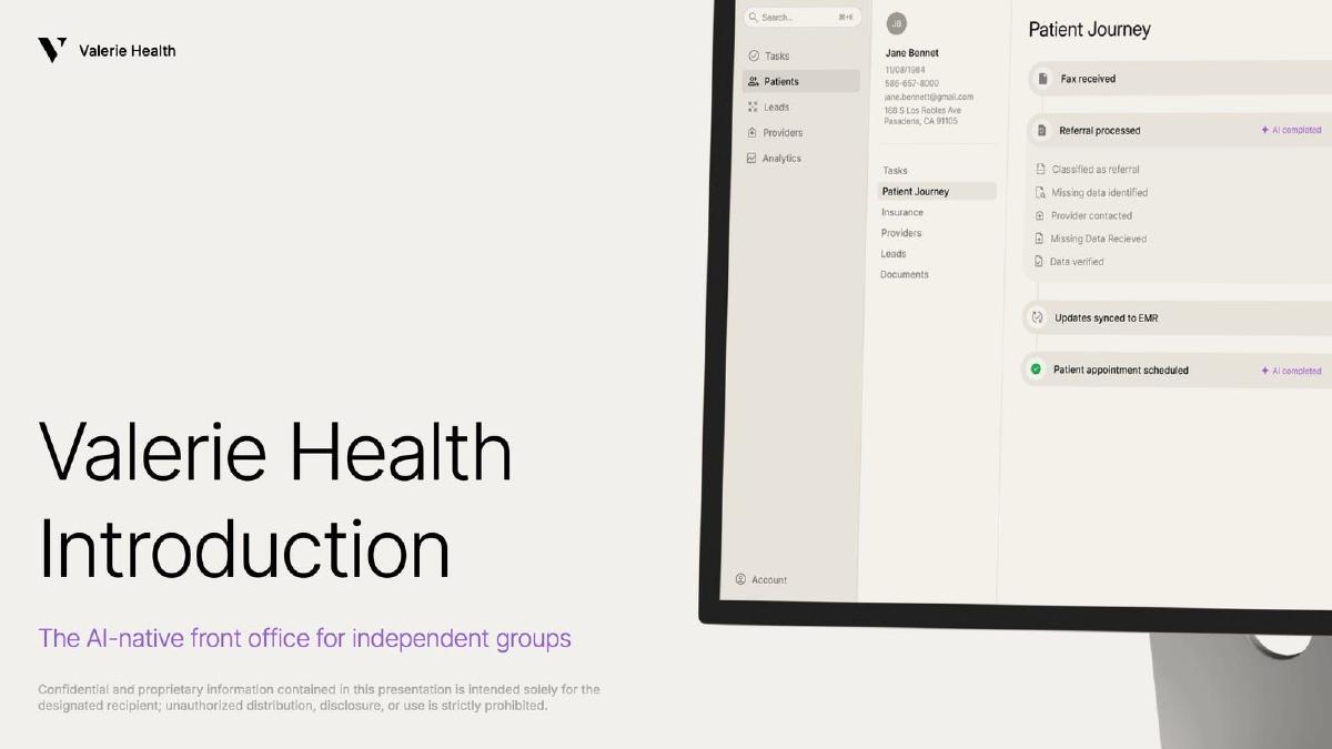 Valerie Health pitch deck slide 1 of 13