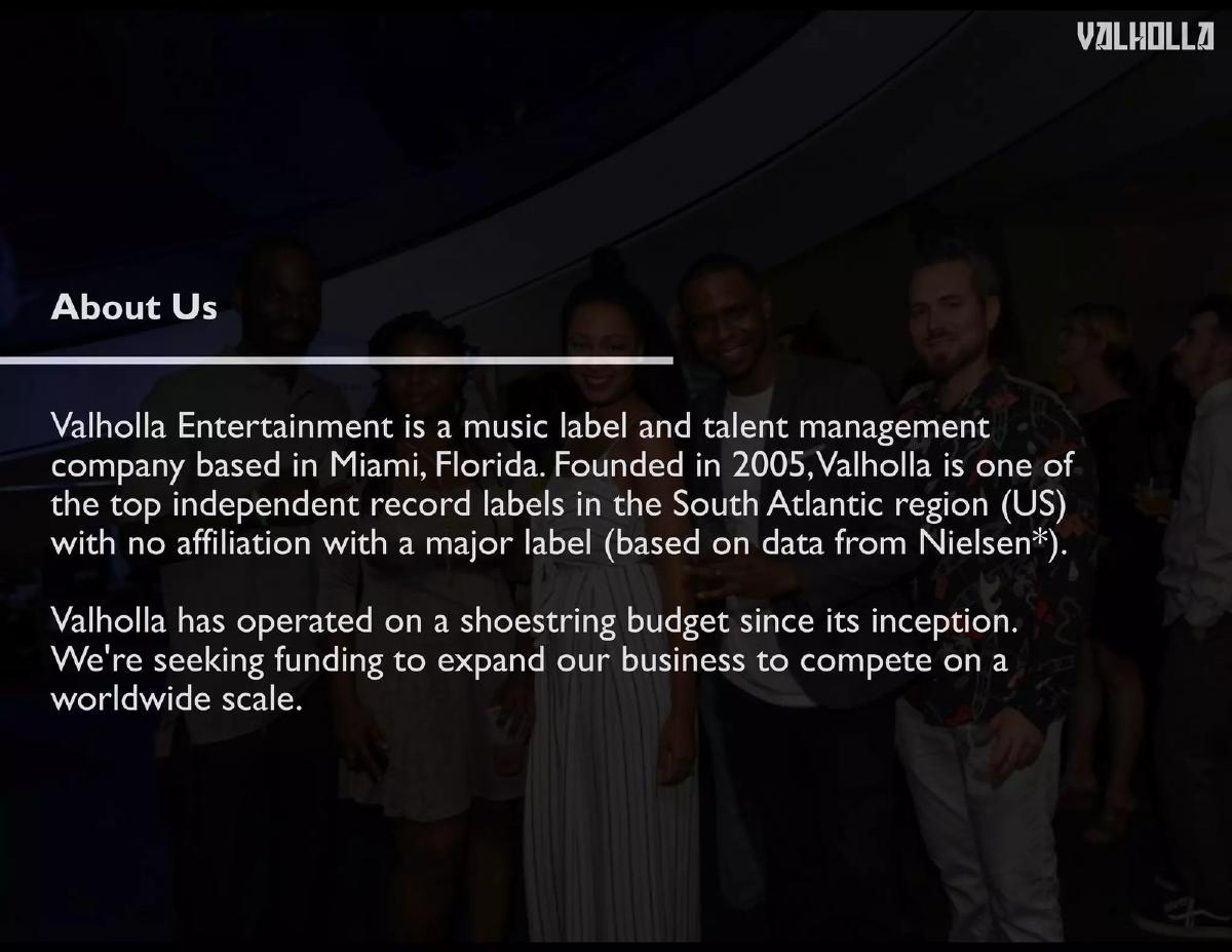 Valholla Entertainment pitch deck slide 2 of 8
