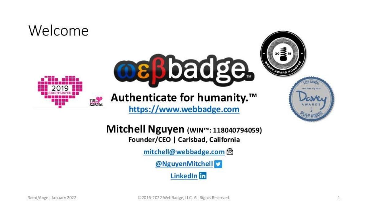 WebBadge pitch deck slide 1 of 9