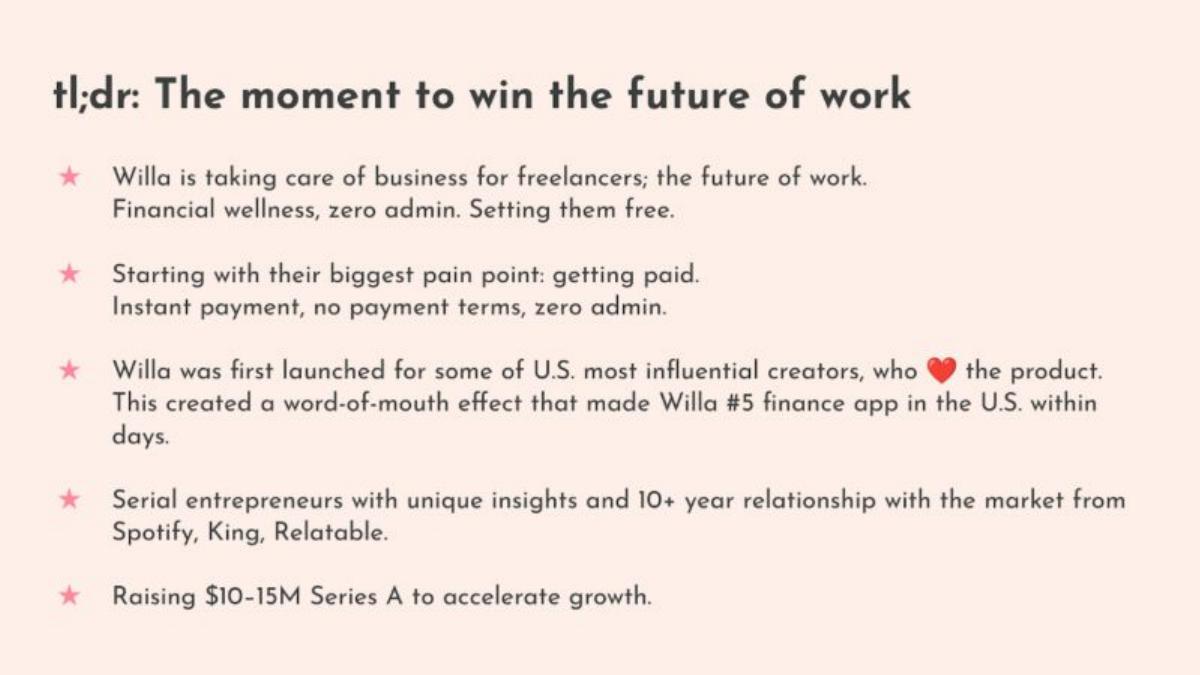 Willa pitch deck slide 2 of 9