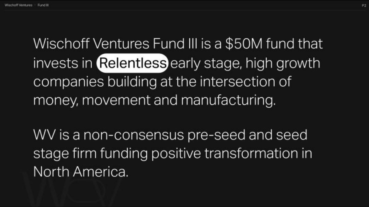 Wischoff Ventures Fund III pitch deck slide 2 of 24