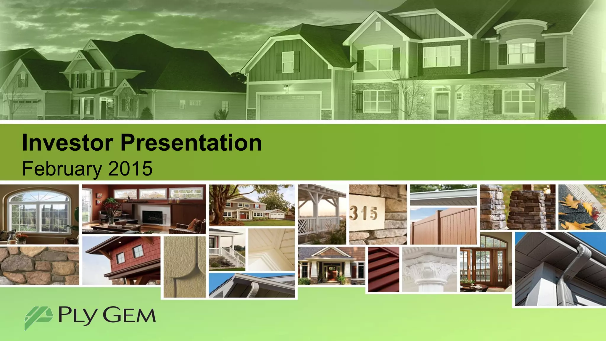 Cover slide of the Ply Gem pitch deck — Post-IPO / Late Stage 2015