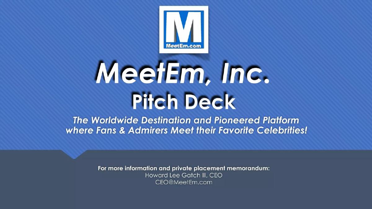 Cover slide of the MeetEm, Inc. pitch deck — Seed 2019