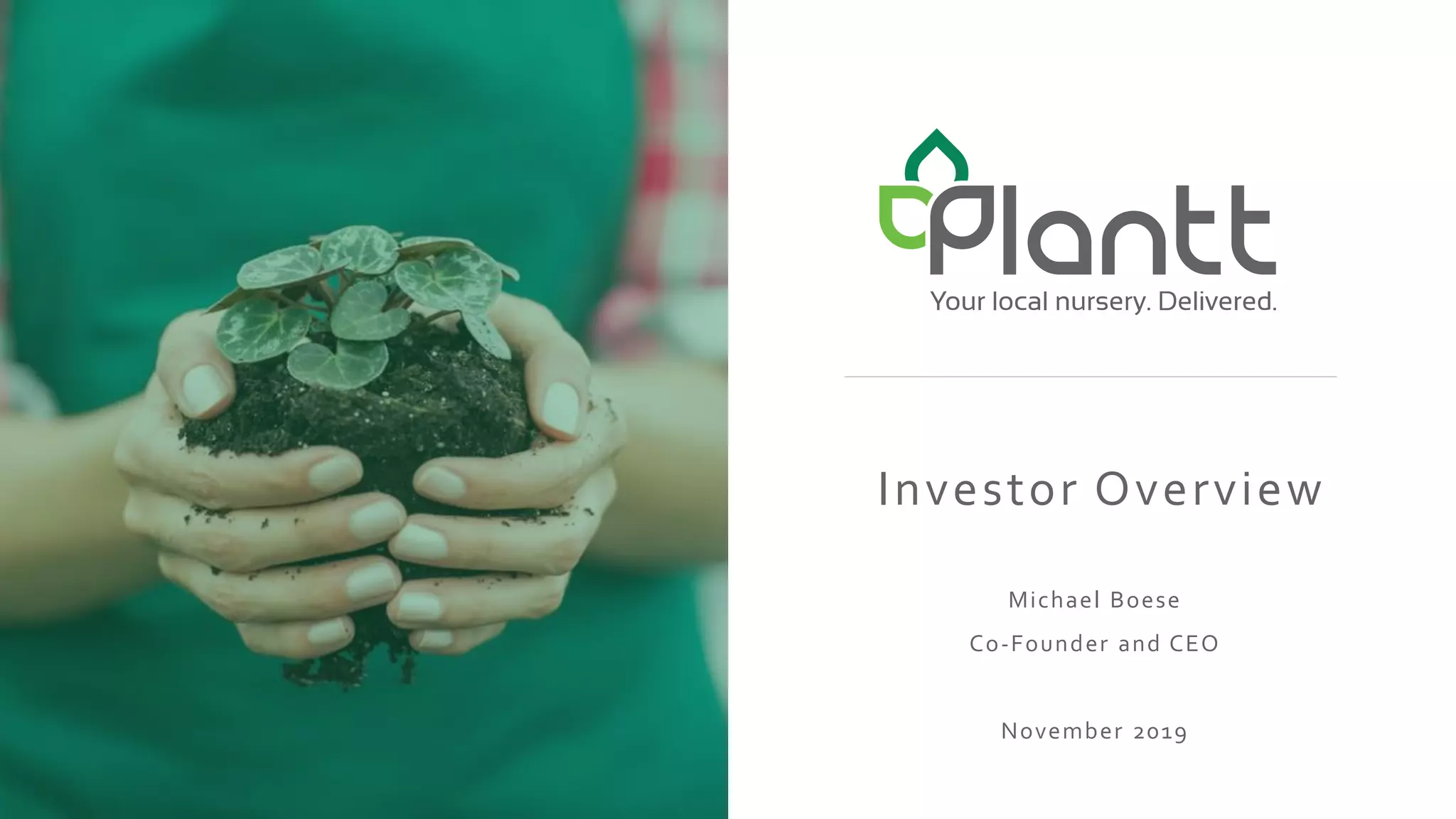 Cover slide of the Plantt pitch deck — Seed/Early Stage 2019