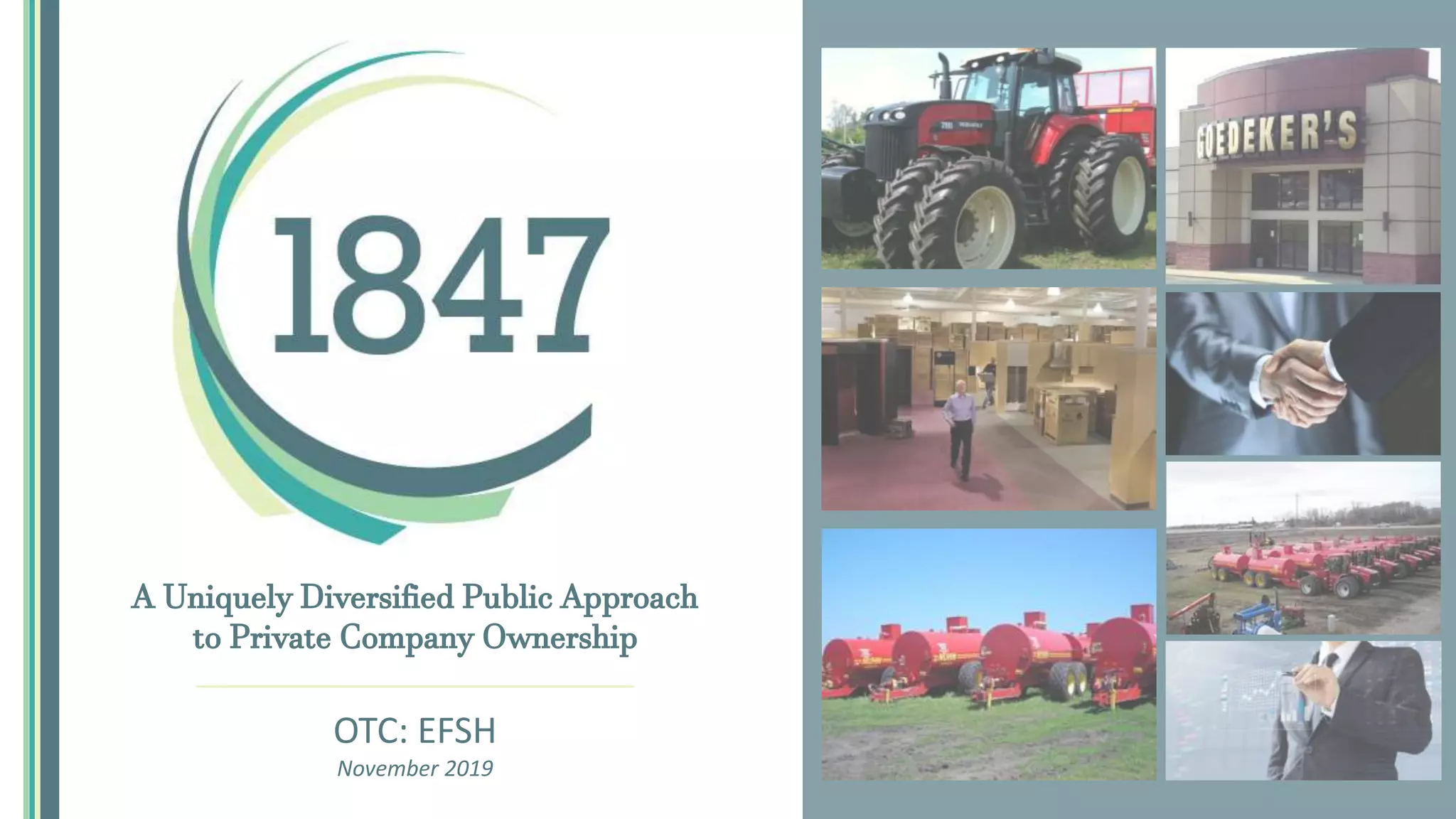 Cover slide of the 1847 Holdings LLC pitch deck — Public (OTC: EFSH) 2019