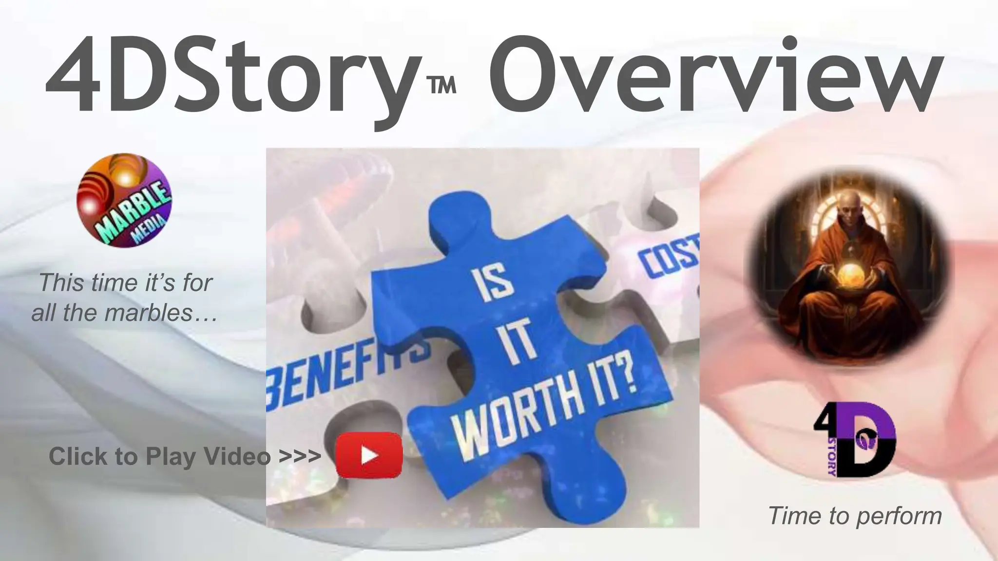 Cover slide of the 4DStory (Marble Media, Inc.) pitch deck — Beta / Seed 2024