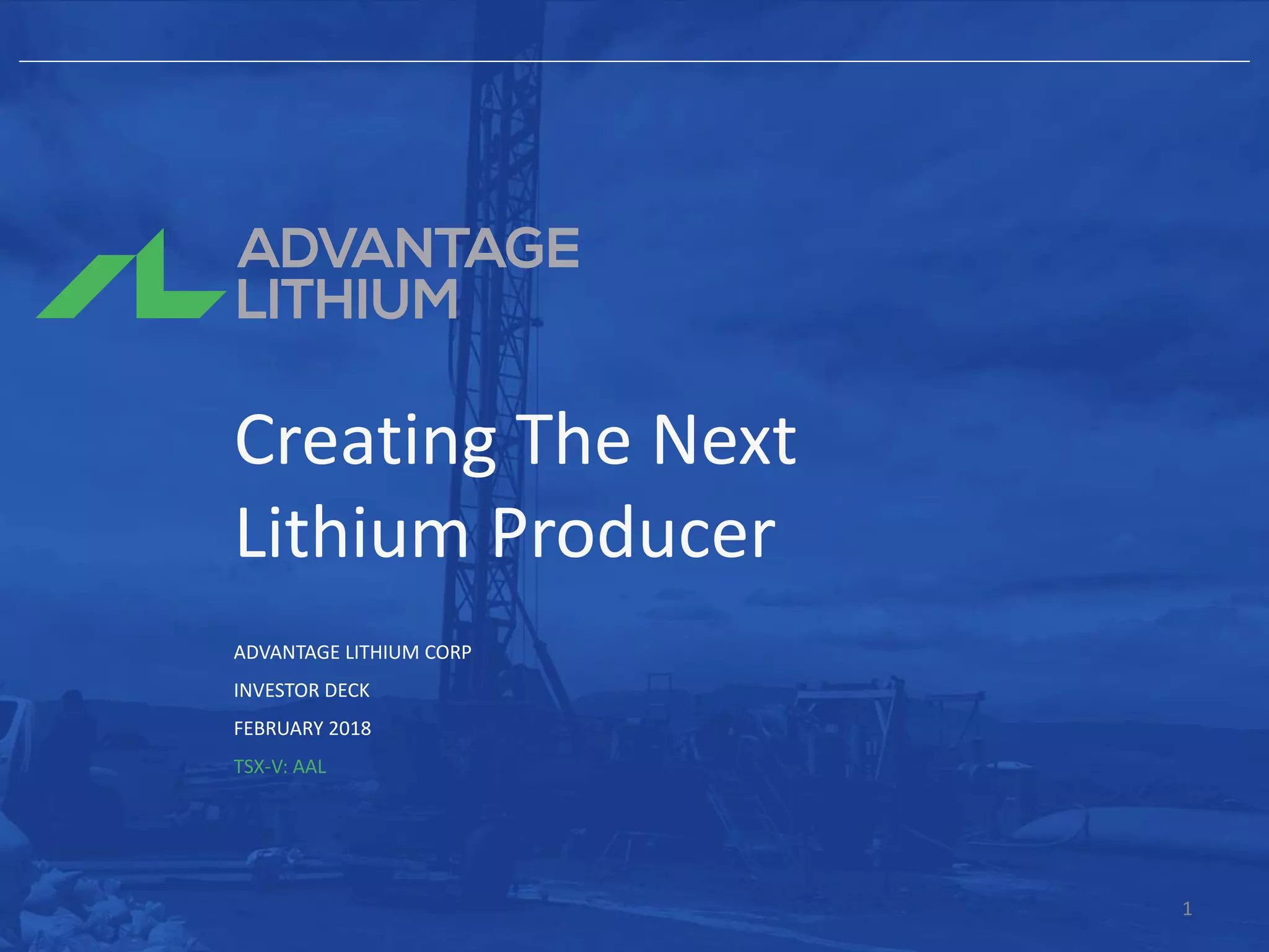 Cover slide of the Advantage Lithium Corp pitch deck — Public (TSX-V: AAL) 2018