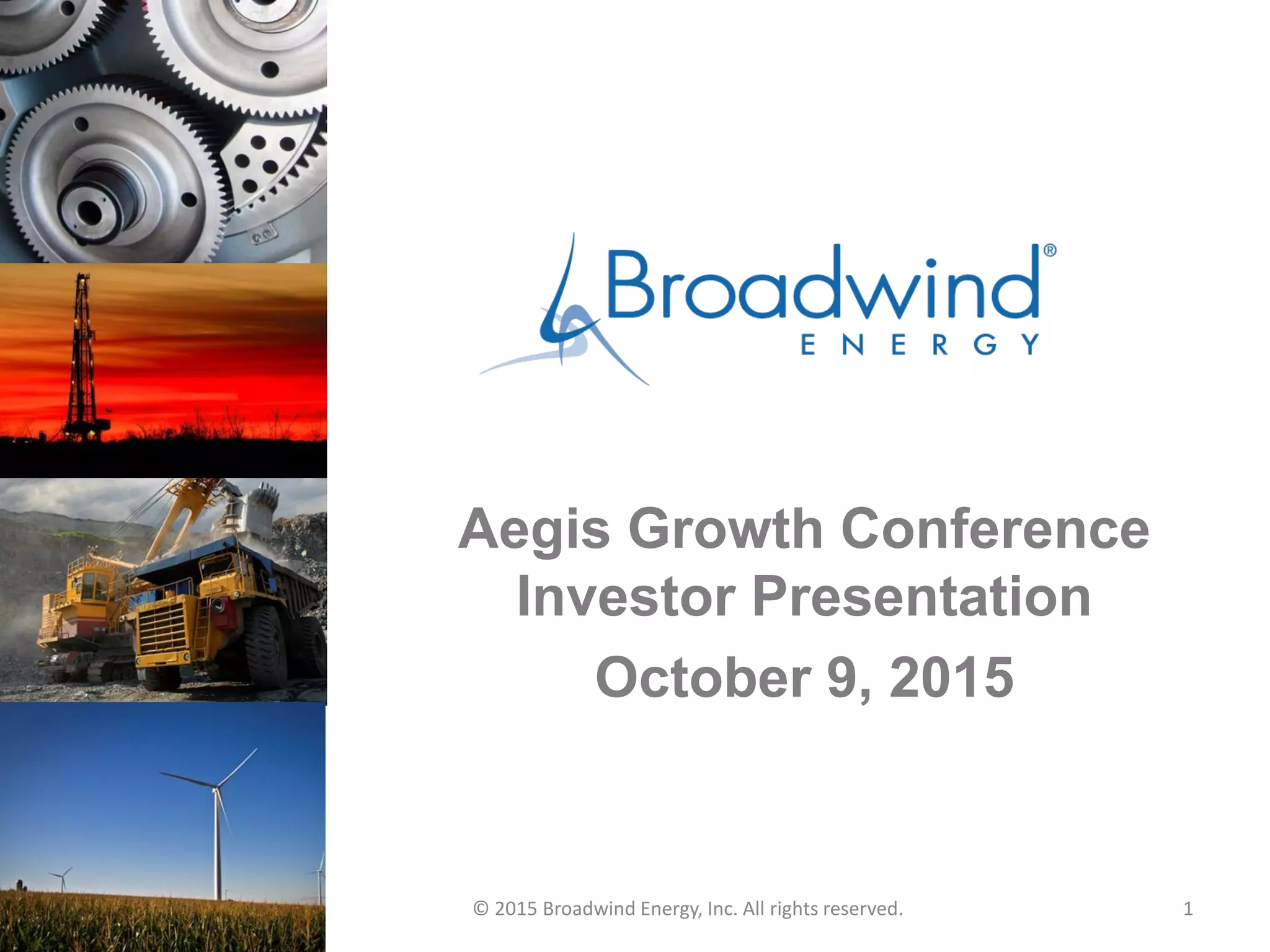 Cover slide of the Broadwind Energy pitch deck — Public (Post-IPO) 2015