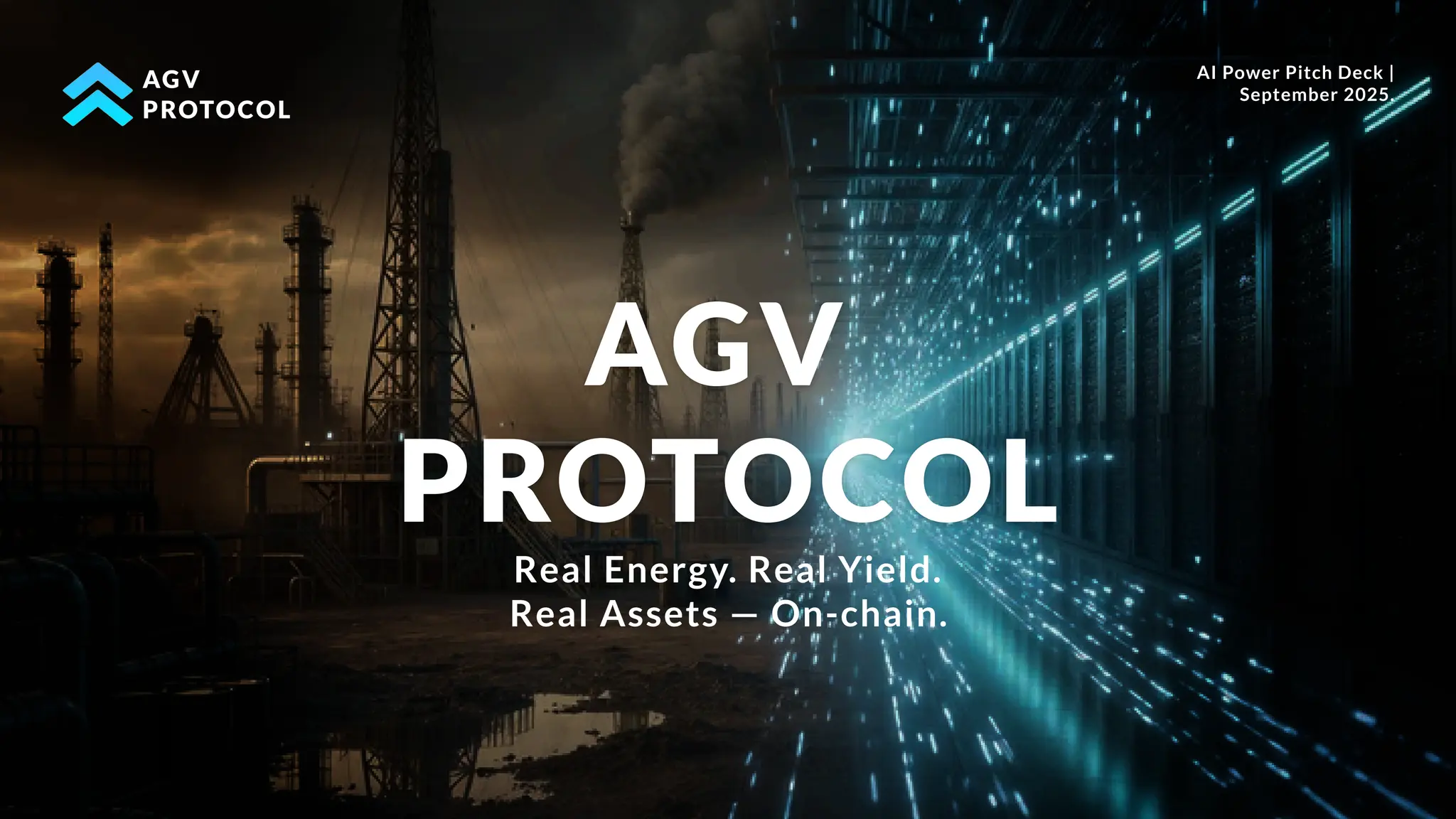 Cover slide of the AGV Protocol pitch deck — Pre-Seed 2025