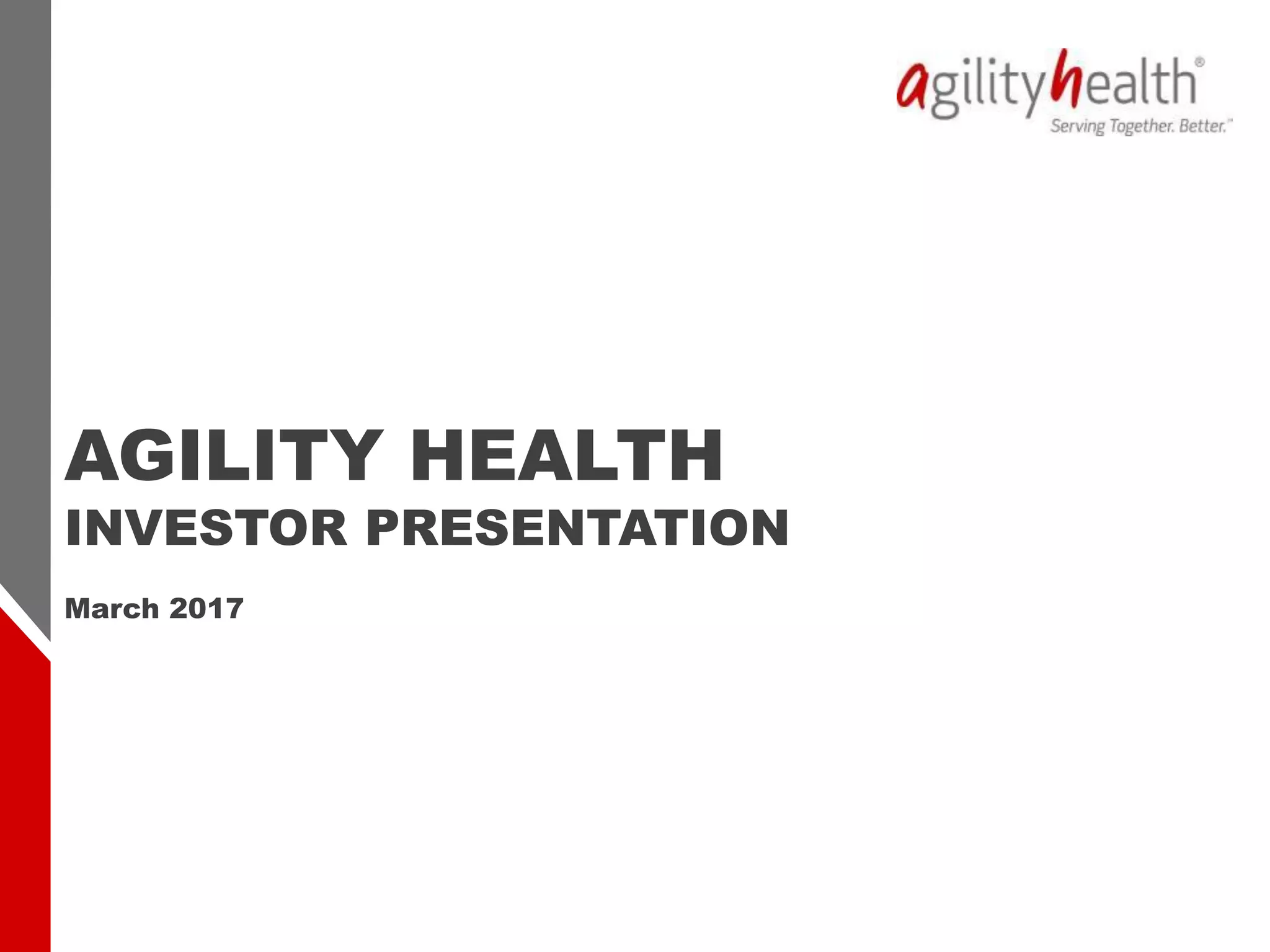 Cover slide of the Agility Health, Inc. pitch deck — 2017