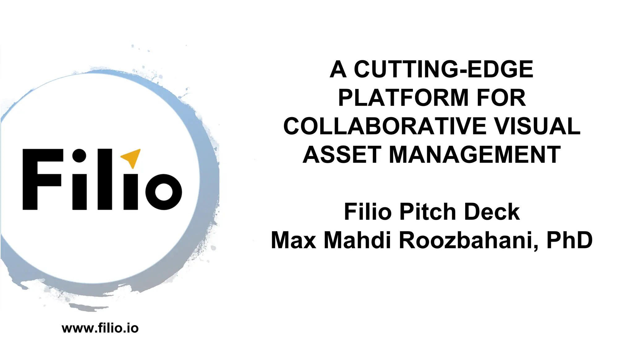 Cover slide of the Filio pitch deck