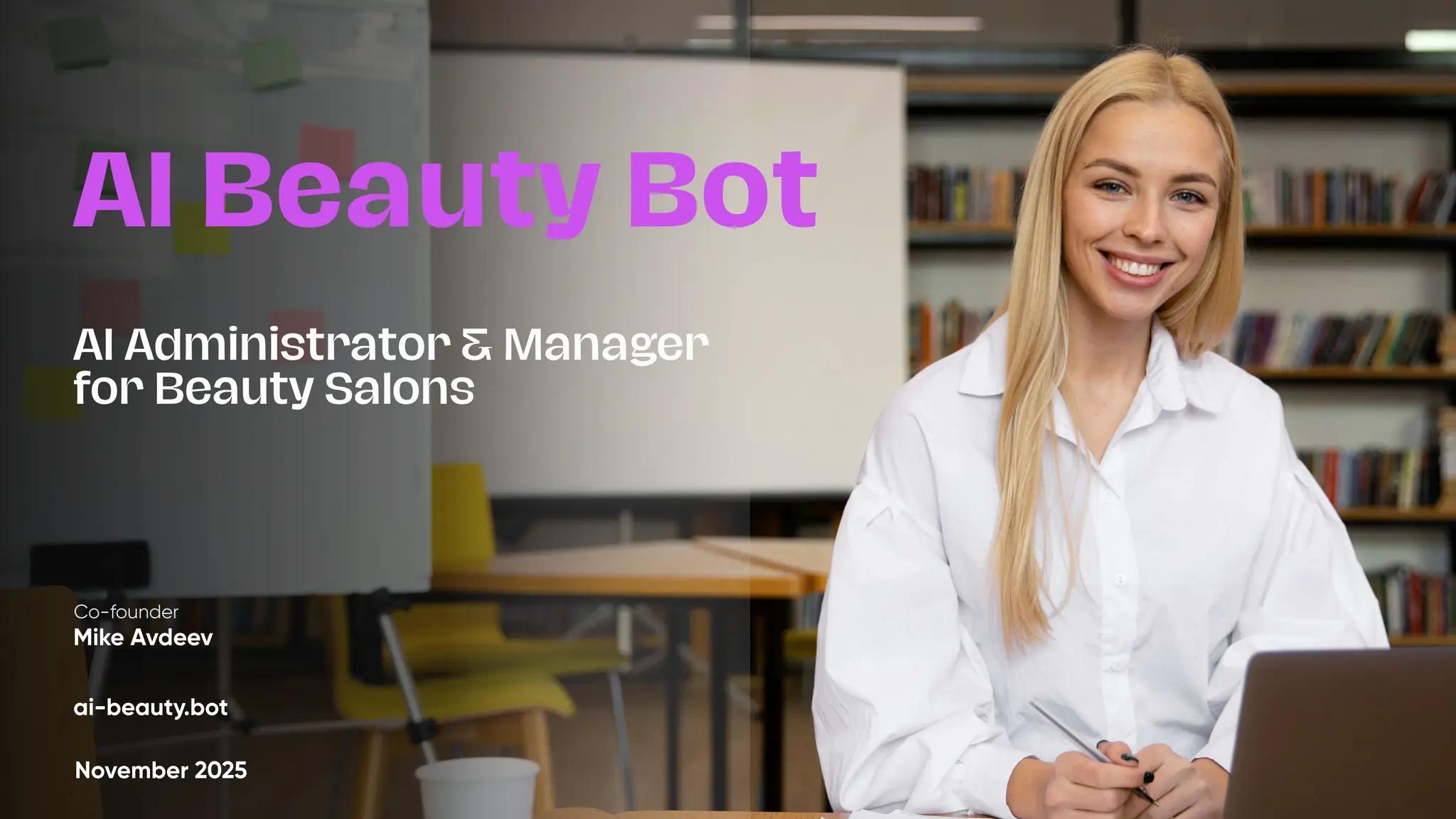 Cover slide of the AI Beauty Bot pitch deck — Seed (Post-Angel) 2025