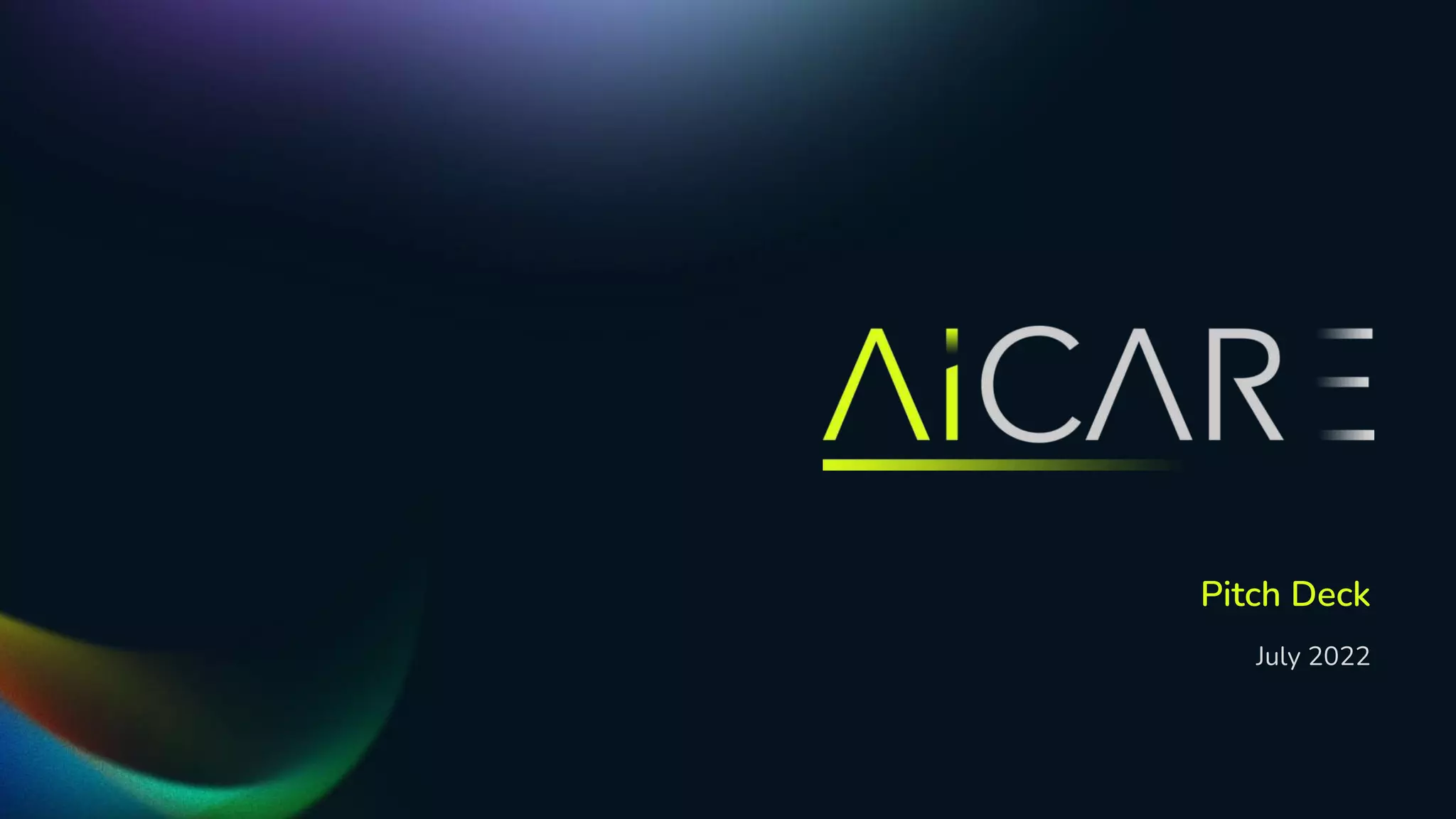 Cover slide of the AiCare Limited pitch deck — 2022