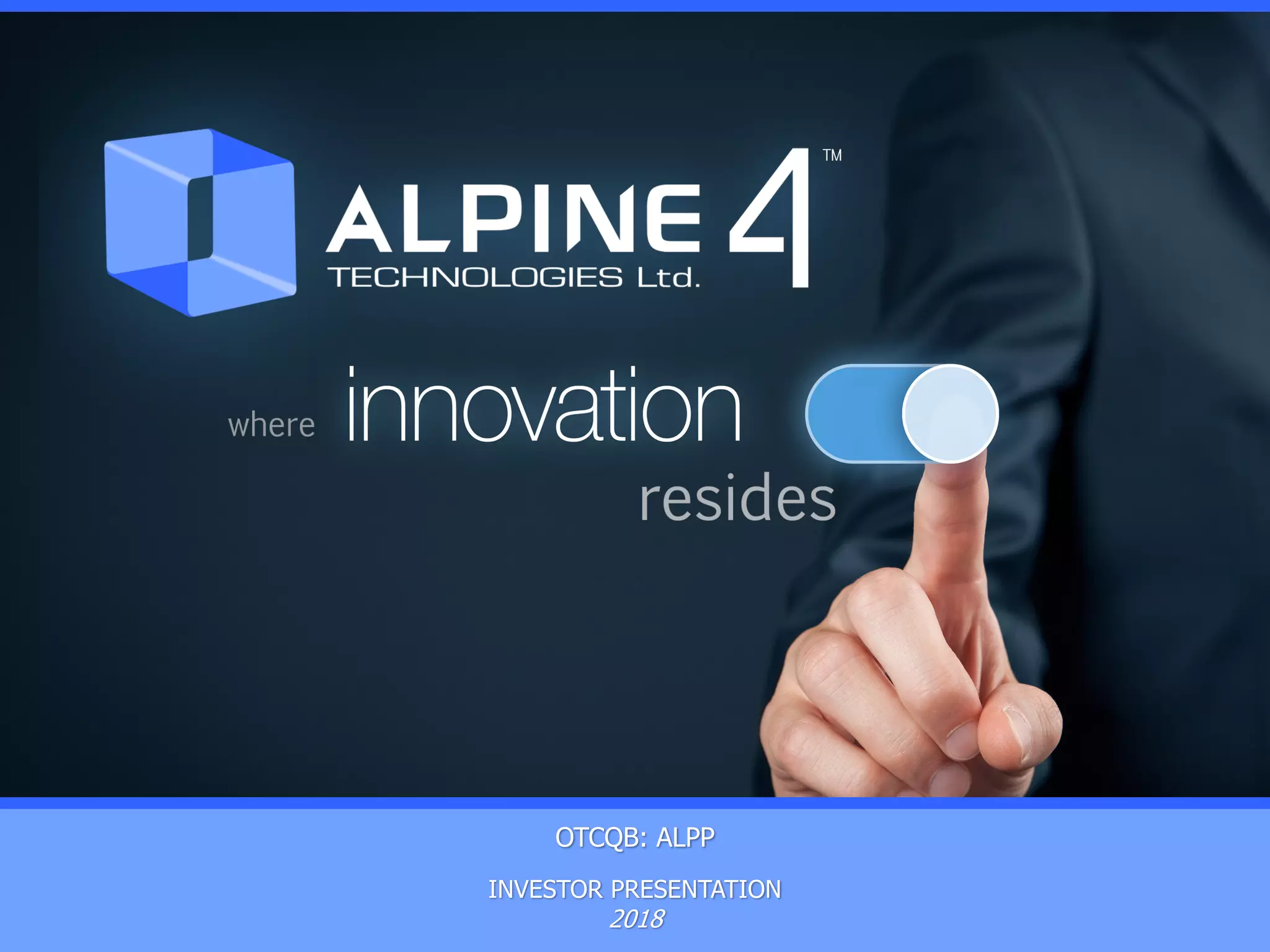 Cover slide of the Alpine 4 Technologies pitch deck — SPAC