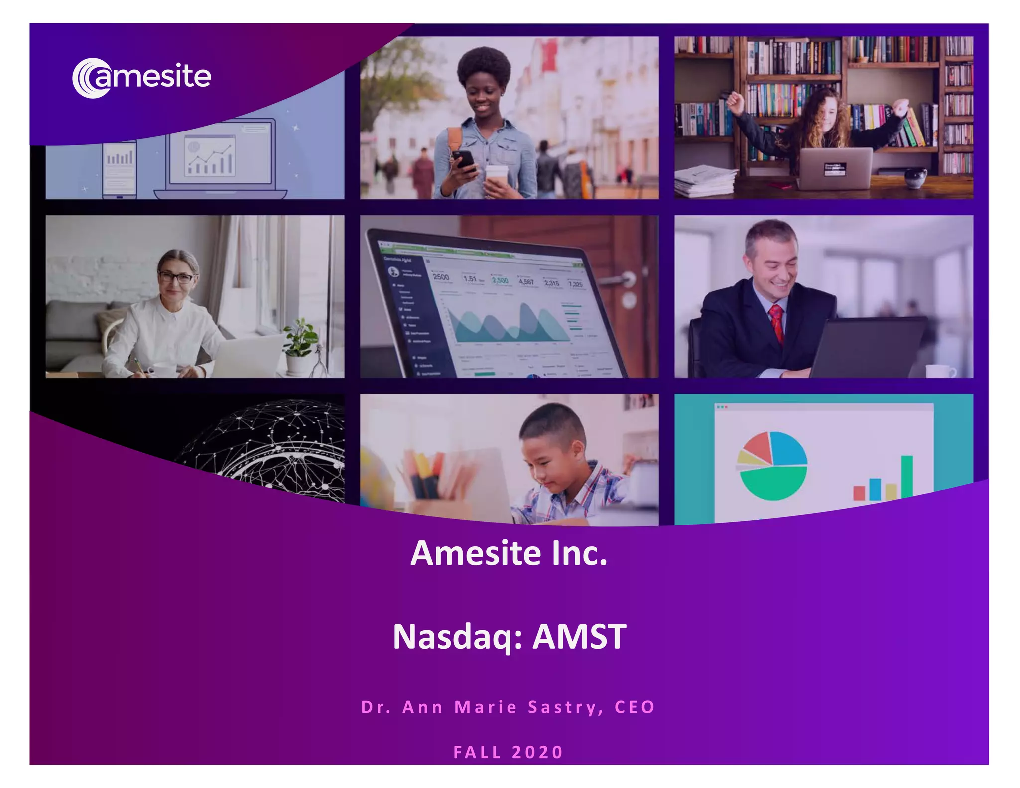 Cover slide of the Amesite Inc. pitch deck — Public (Nasdaq: AMST) 2020