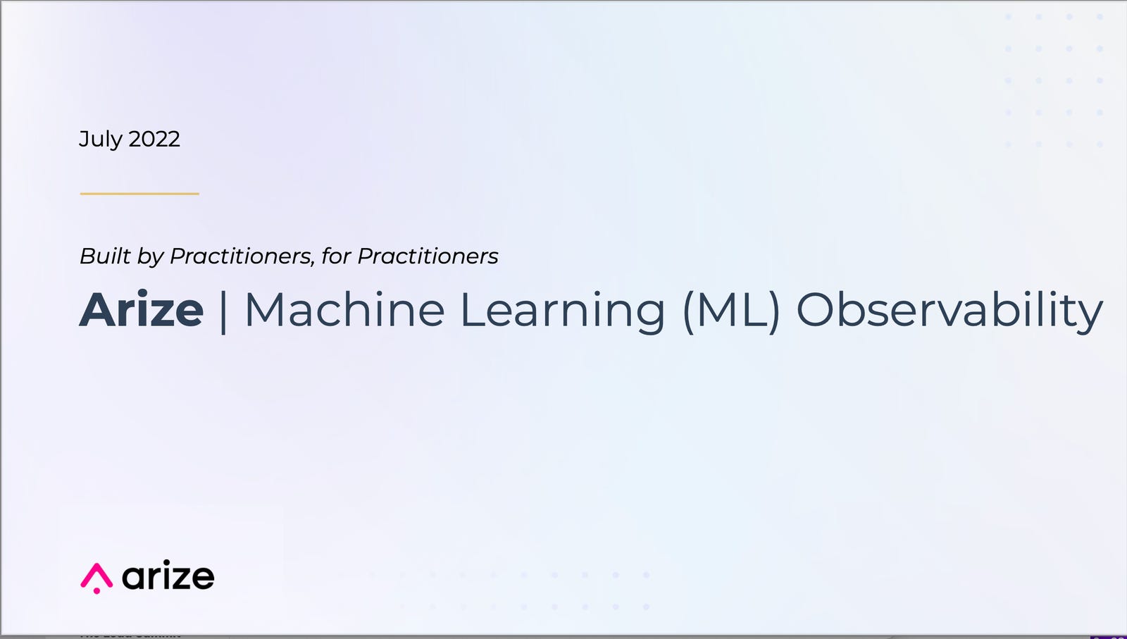 Cover slide of the Arize AI pitch deck — Series B 2023