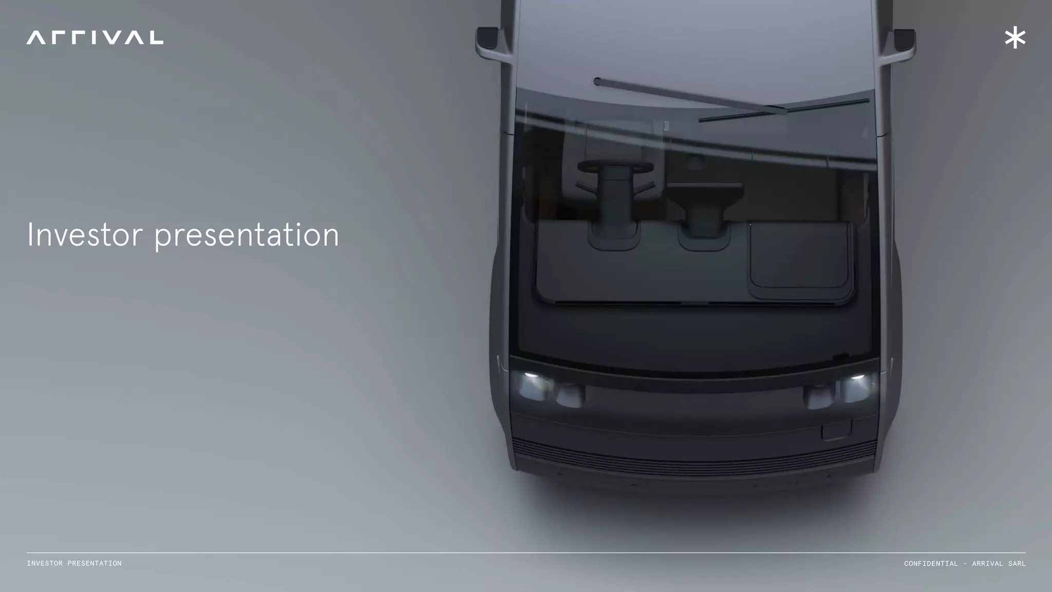 Cover slide of the Arrival EV pitch deck — Late Stage / Pre-SPAC 2020