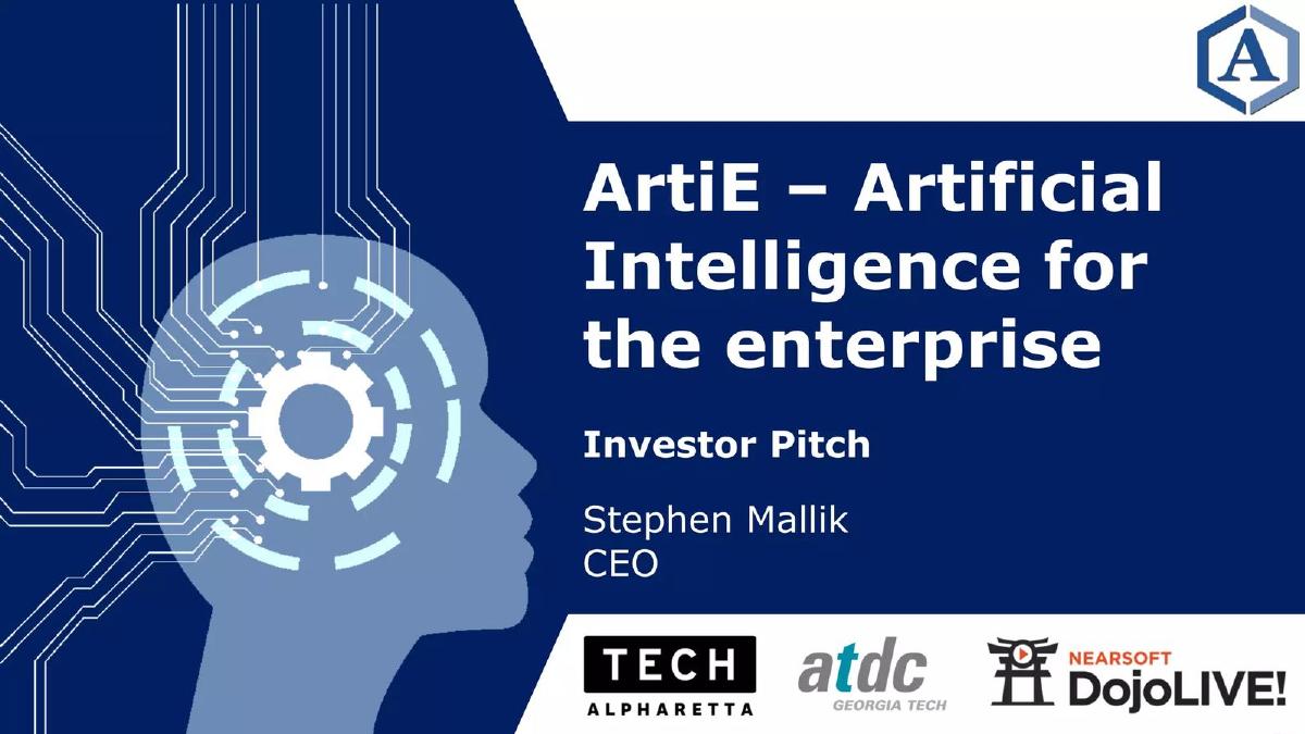 Cover slide of the ArtiE Pitch Deck Teardown pitch deck