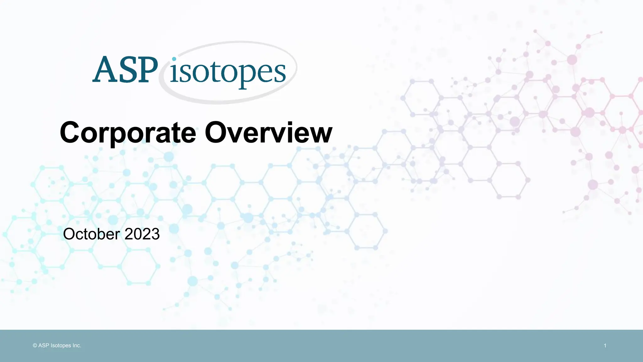 Cover slide of the ASP Isotopes Inc. pitch deck — 2023