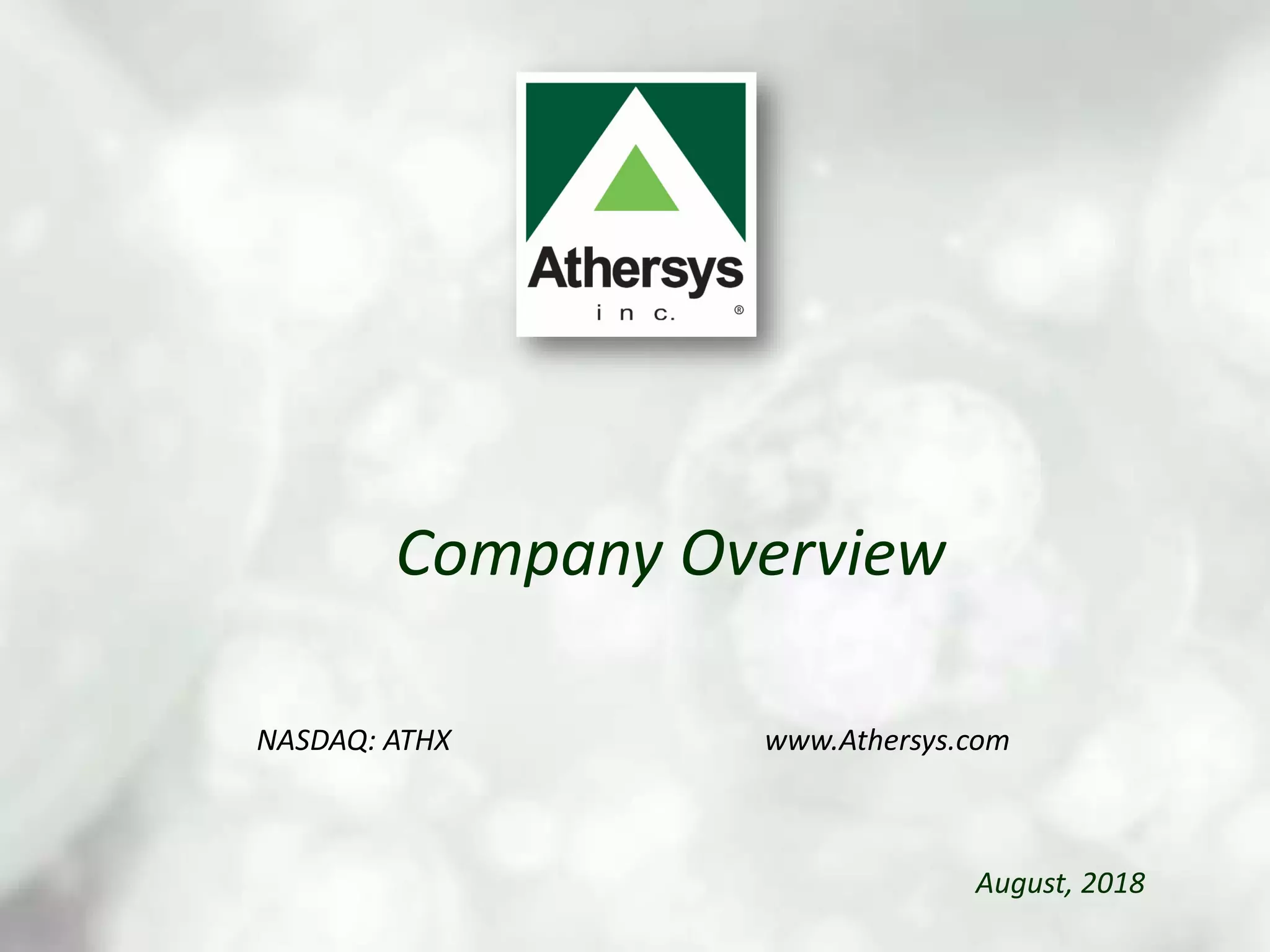 Cover slide of the Athersys, Inc. pitch deck — Public (NASDAQ: ATHX) 2018