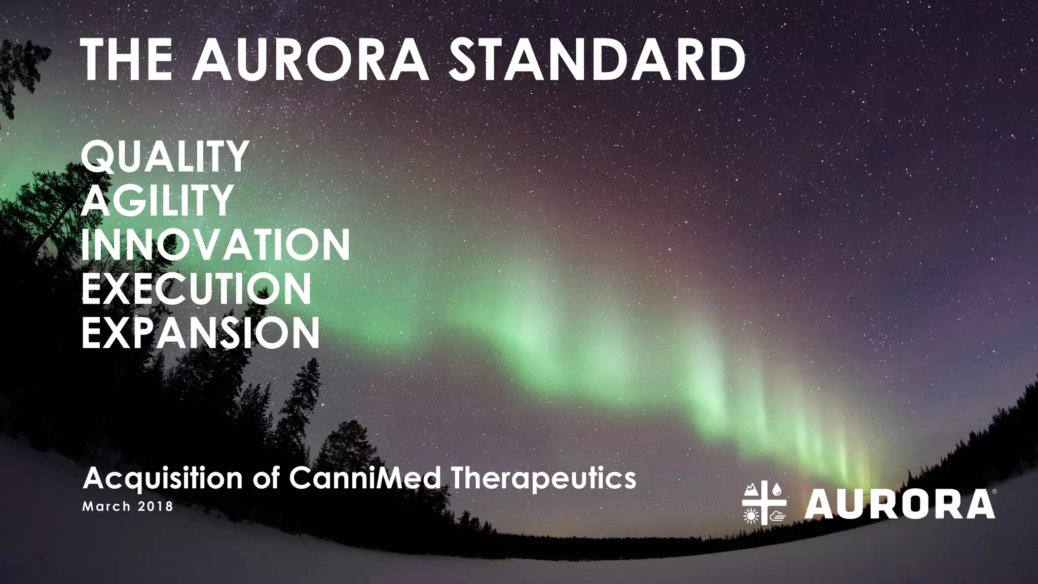Cover slide of the Aurora Cannabis Inc. pitch deck — M&A / Public Company 2018