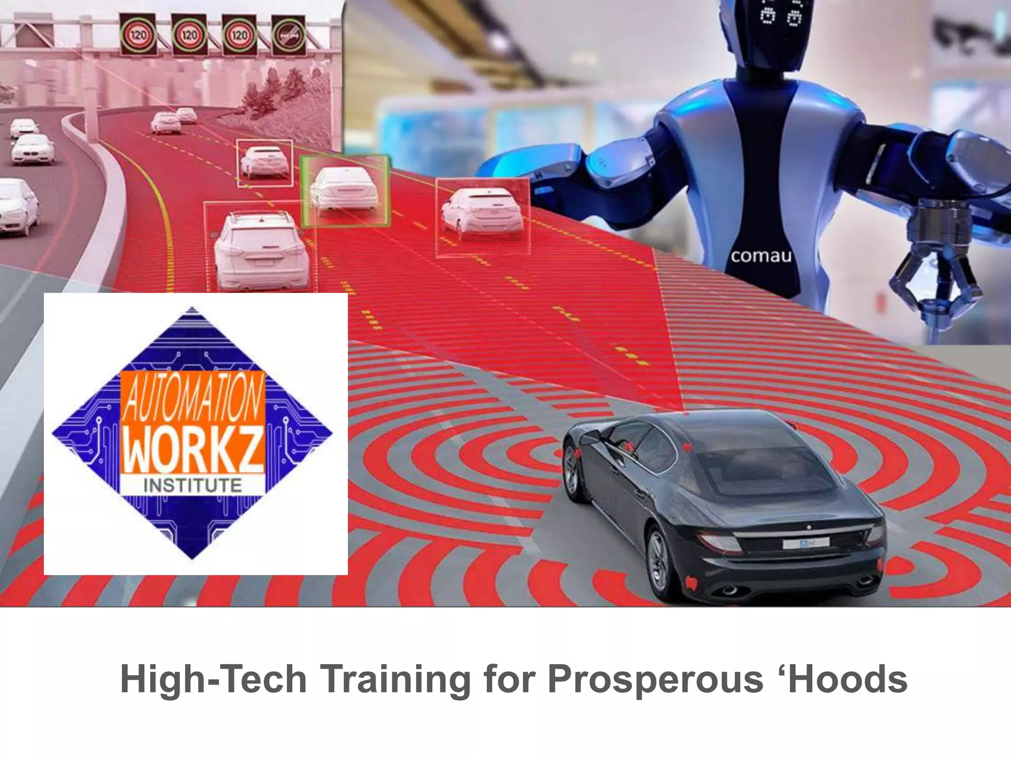 Cover slide of the Automation Workz Institute pitch deck — Pre-Seed 2019