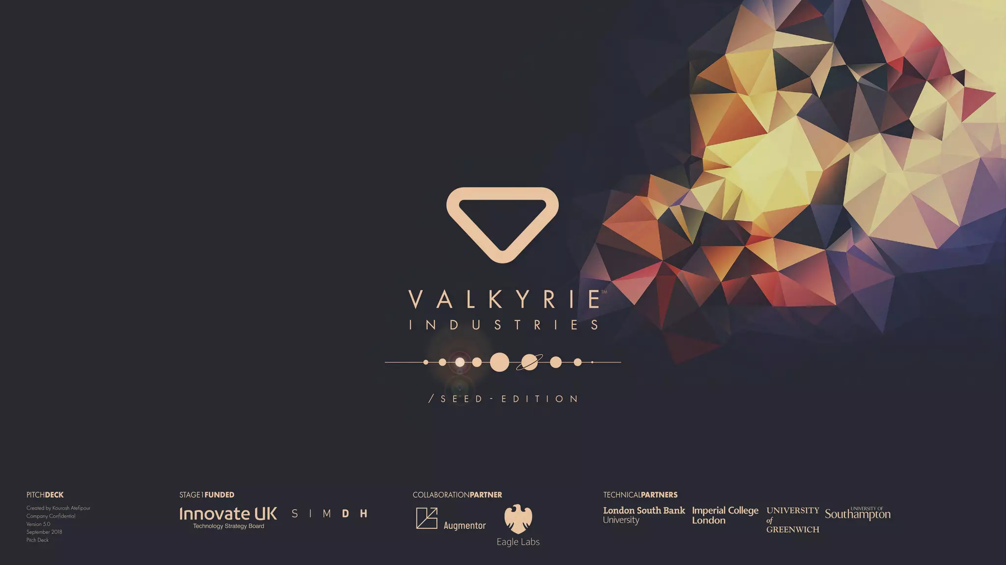 Cover slide of the Valkyrie Industries Ltd pitch deck — Seed 2018