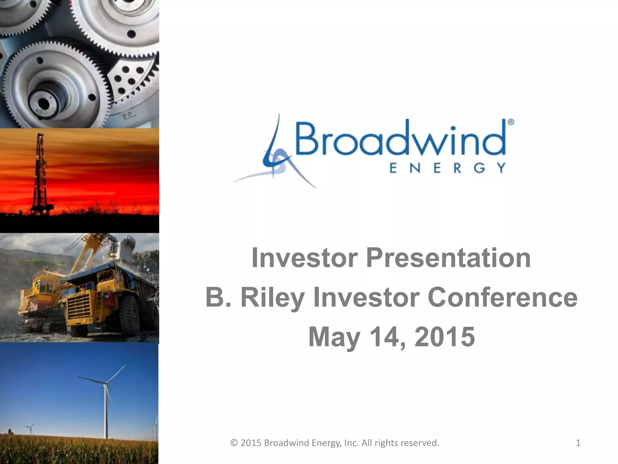 Cover slide of the Broadwind Energy pitch deck — 2015