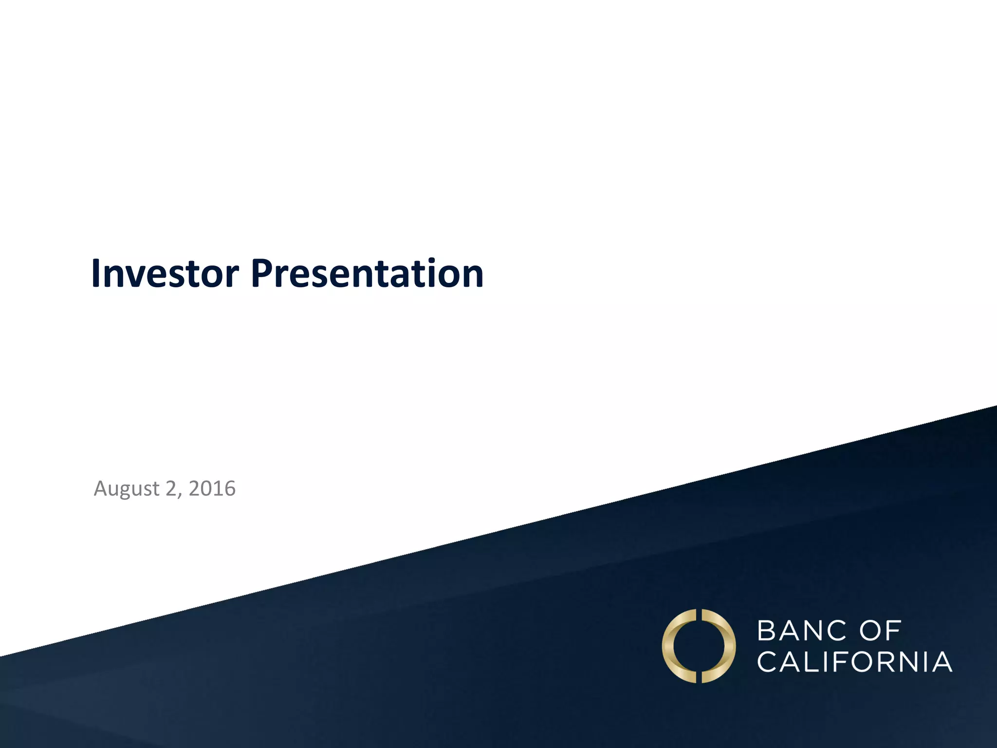 Cover slide of the Banc of California pitch deck — 2016