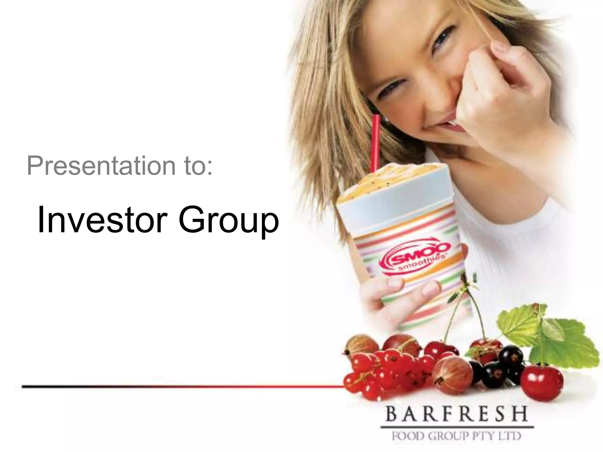 Cover slide of the BarFresh Food Group Inc. pitch deck — Growth / Series A 2009
