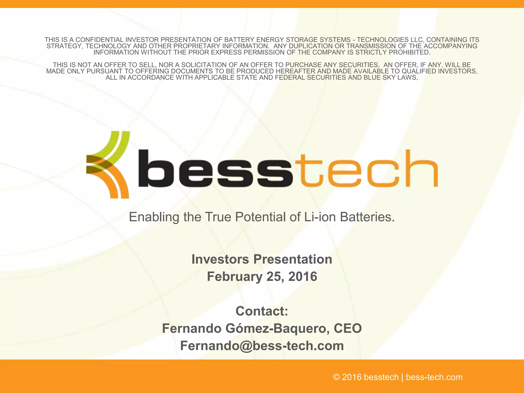 Cover slide of the Besstech pitch deck — 2016