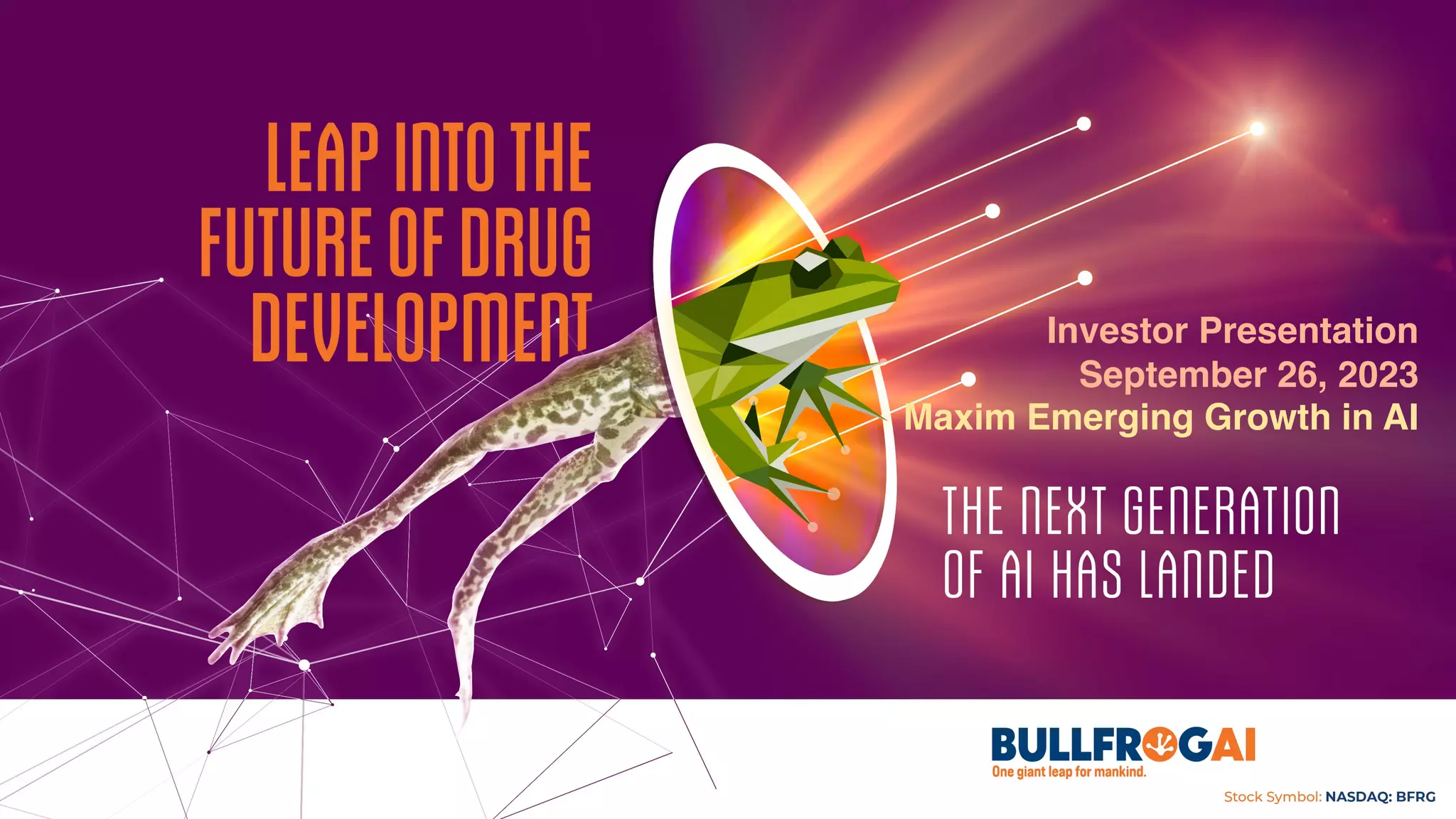 Cover slide of the BullFrog AI pitch deck — Public (NASDAQ: BFRG) 2023